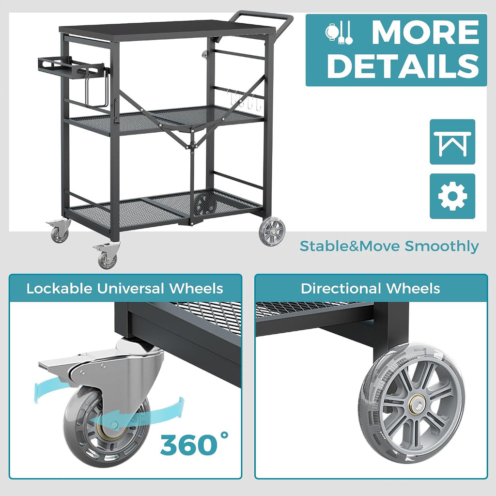 Foldable Metal Outdoor Rolling Grill Cart