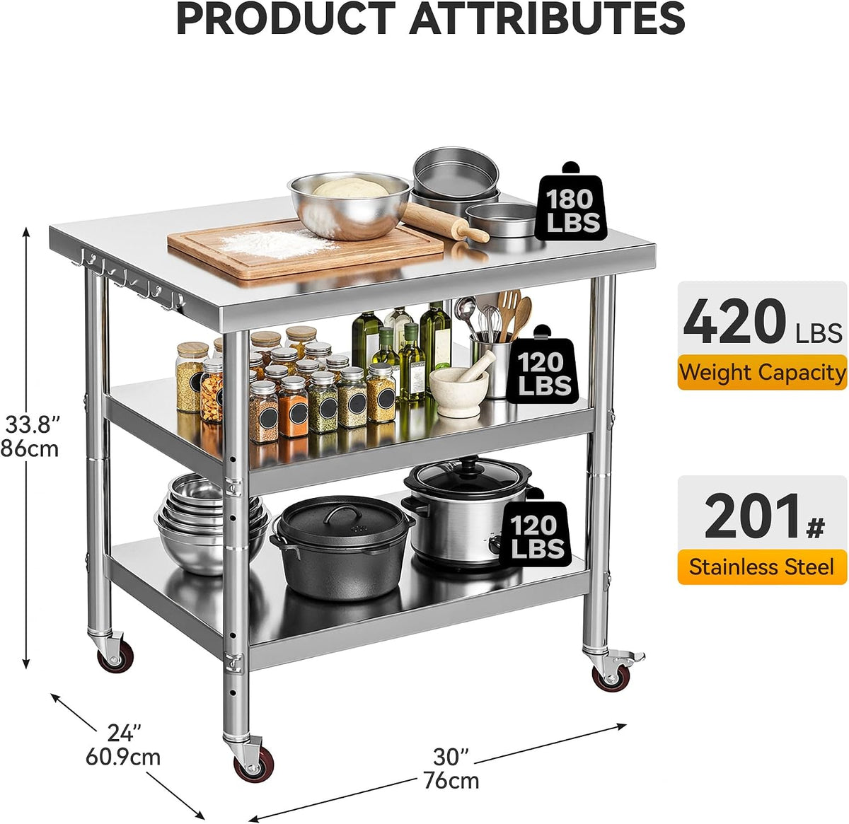 Rolling Stainless Steel Commercial Prep Worktable