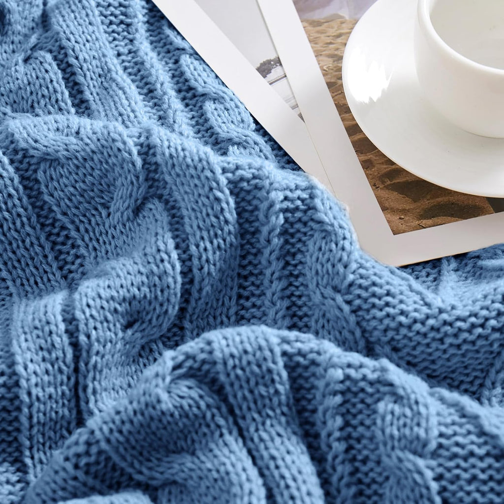 Dusty Blue Cable Knit Throw Blanket