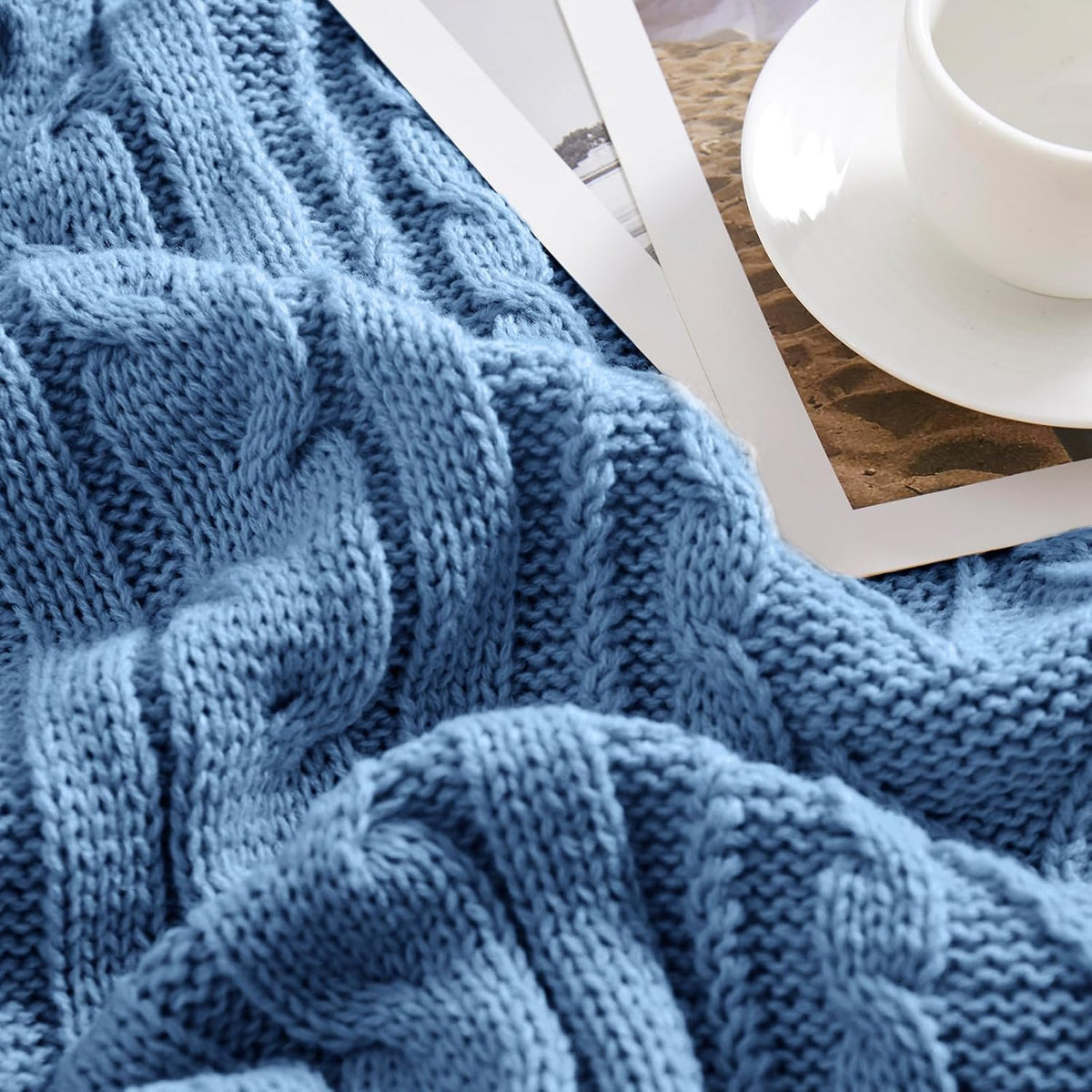 Dusty Blue Cable Knit Throw Blanket