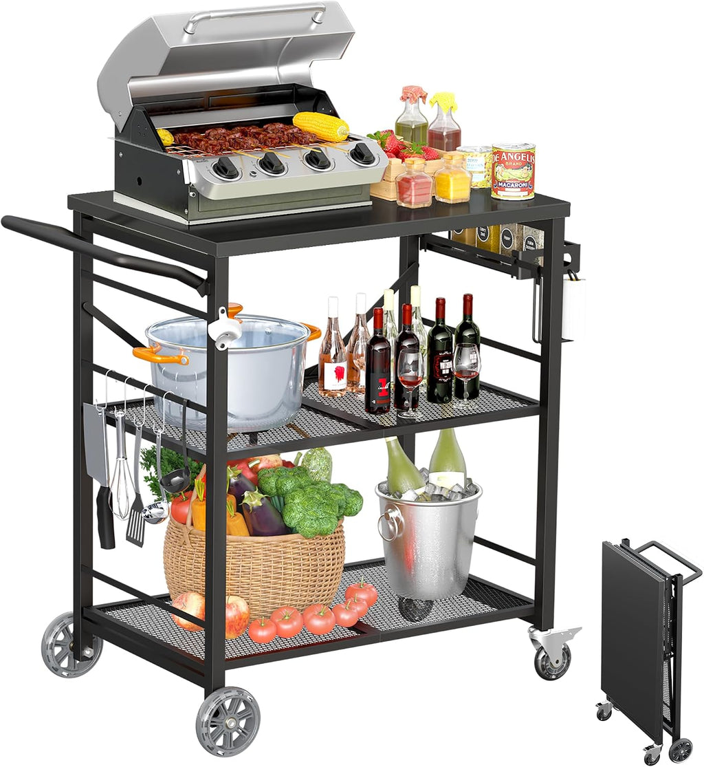 Foldable Metal Outdoor Rolling Grill Cart