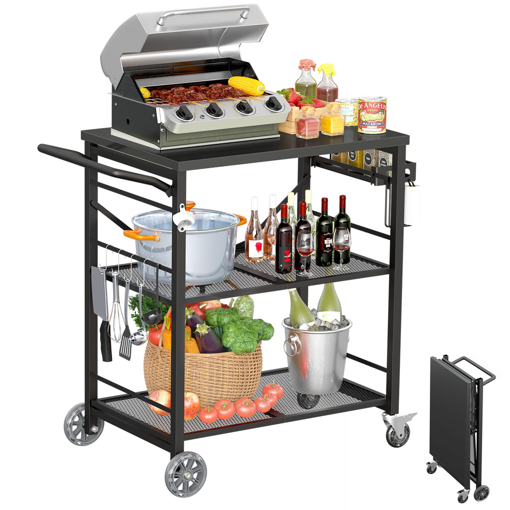 Foldable Metal Outdoor Rolling Grill Cart