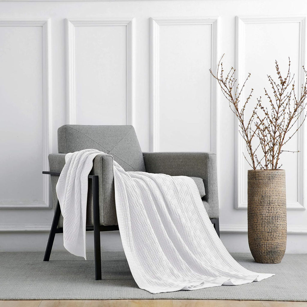 White Cotton Cable Knit Throw Blanket