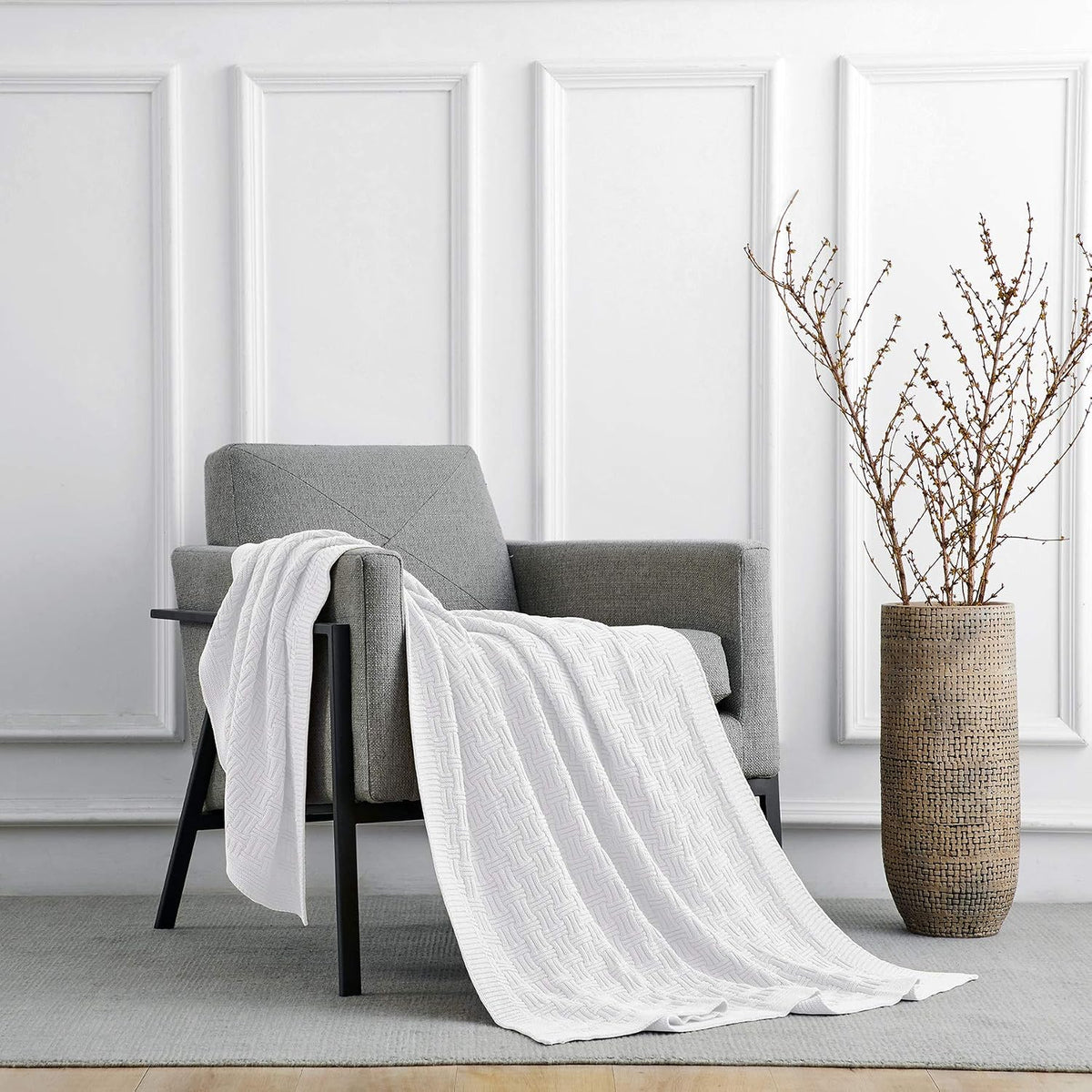 White Cotton Cable Knit Throw Blanket