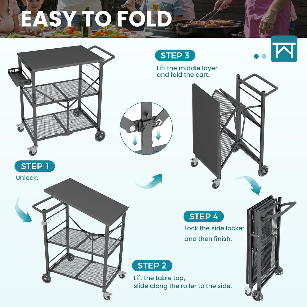 Foldable Metal Outdoor Rolling Grill Cart