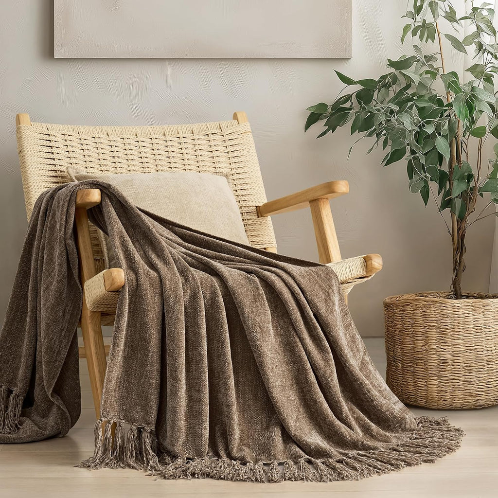 Mocha Brown Tasseled Chenille Throw Blanket