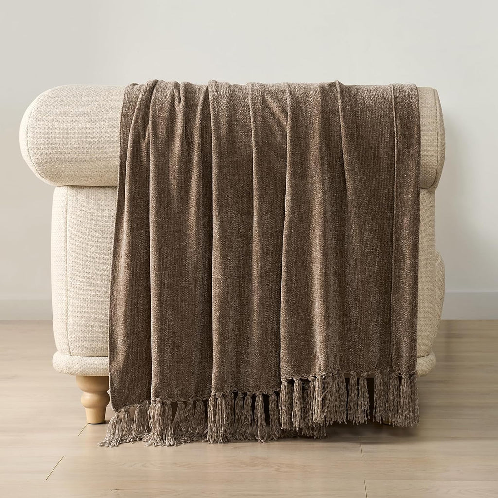 Mocha Brown Tasseled Chenille Throw Blanket