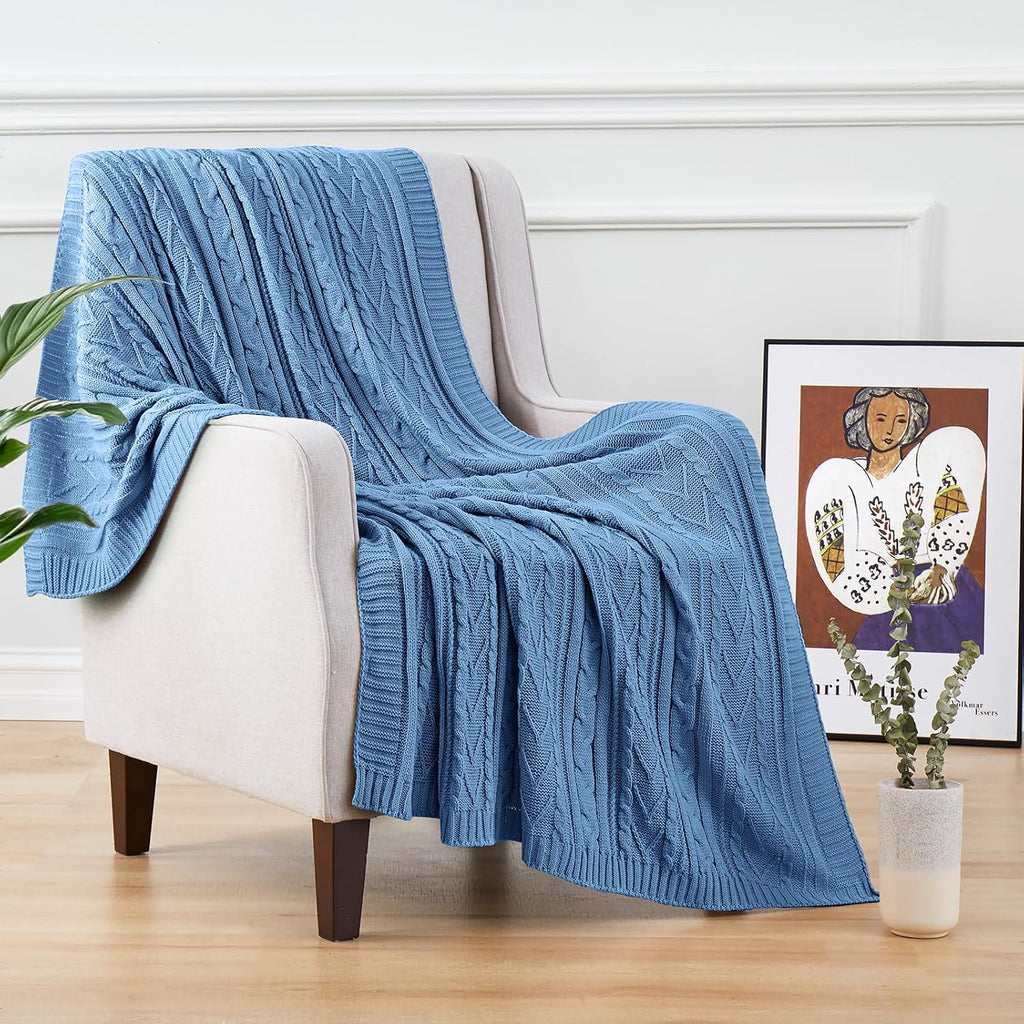 Dusty Blue Cable Knit Throw Blanket