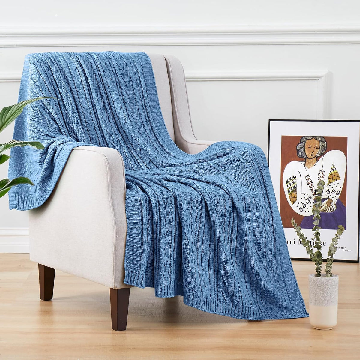 Dusty Blue Cable Knit Throw Blanket
