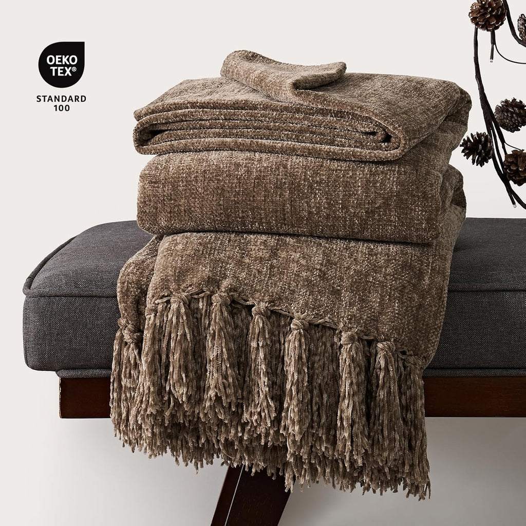 Mocha Brown Tasseled Chenille Throw Blanket