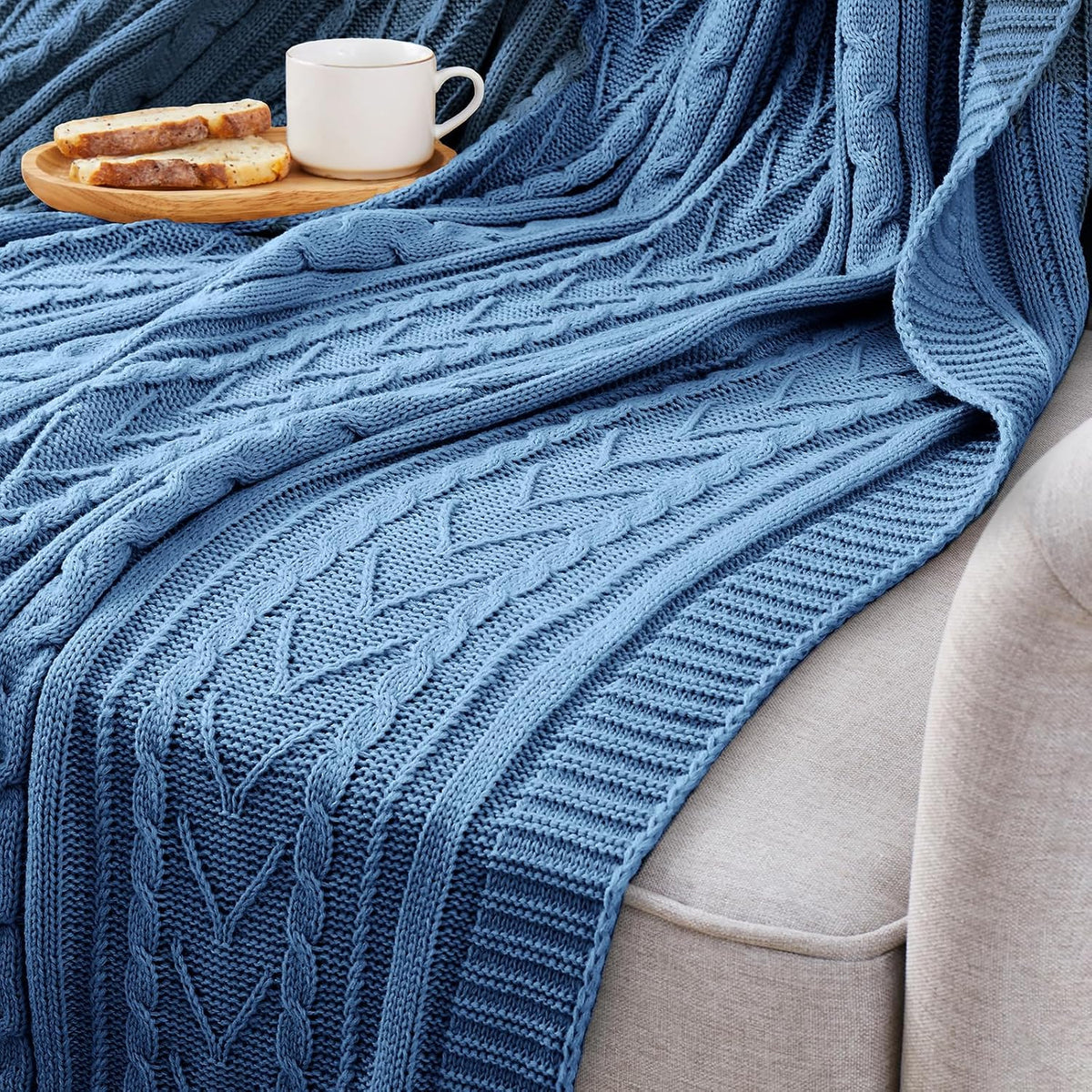 Dusty Blue Cable Knit Throw Blanket